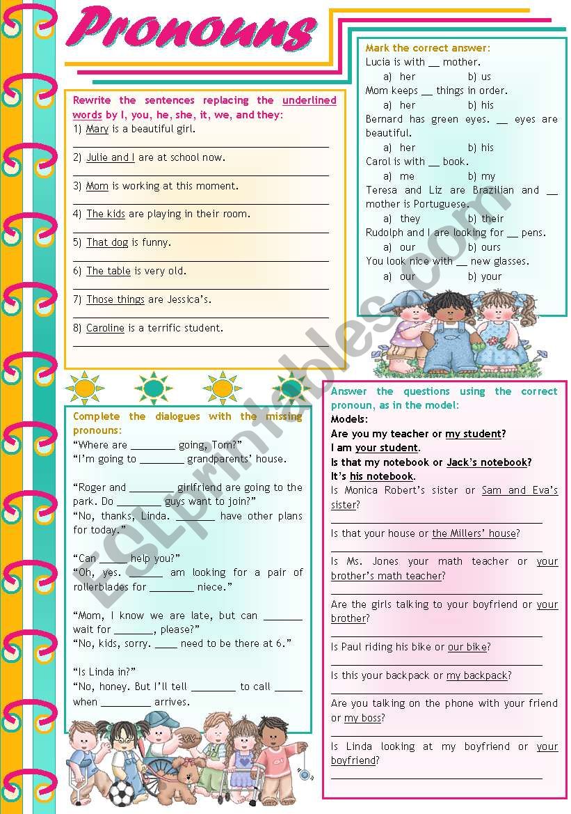 Pronouns  interrogative, possessive, subjective, objective [9 different tasks] KEYS INCLUDED ((4 pages)) *** editable